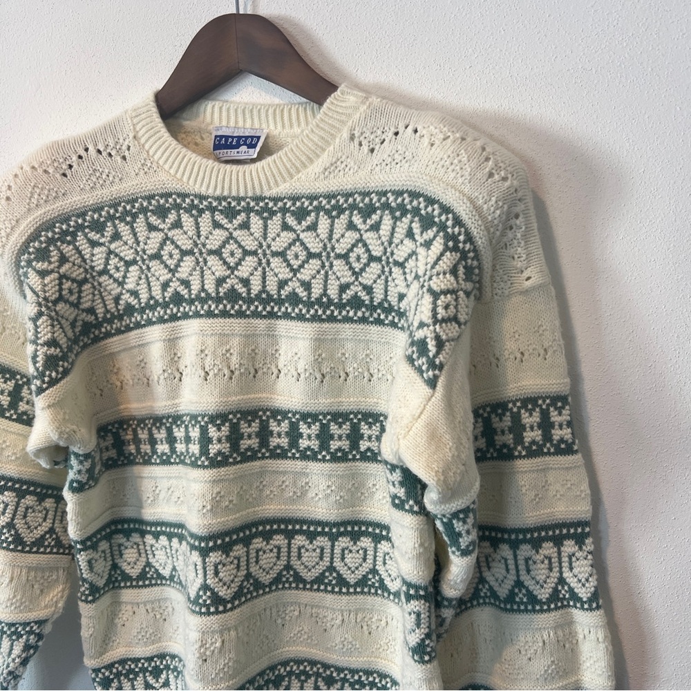 Vintage Cream Semi Open Knit Pullover Sweater Hearts Snowflakes Longline - Picture 6 of 8